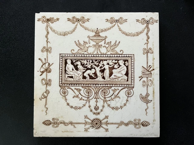 19th Century Tile 6” x 6" ~ Family & Griffins ~ Victorian ~ Antique