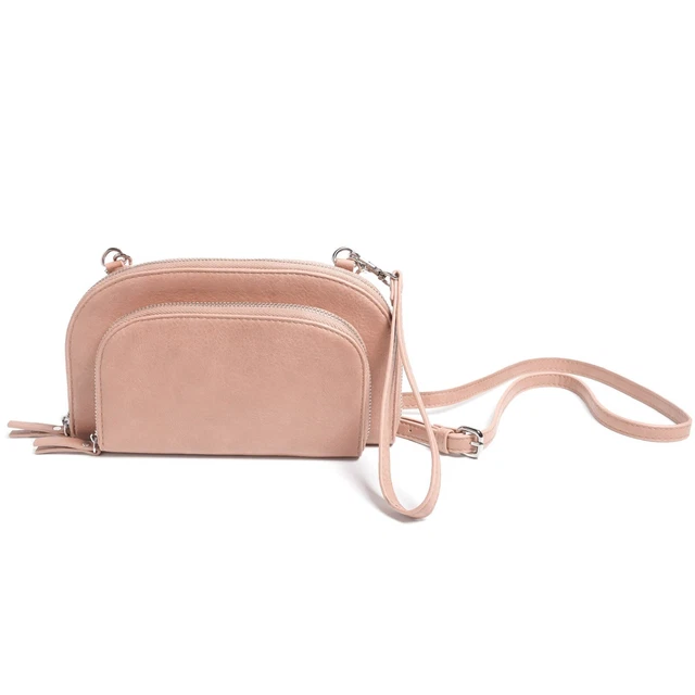 Burano Oval Double Pocket Crossbody Wristlet Purse Blush Pink Leather New