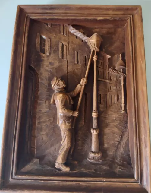 The LAMPLIGHTER Antique French Intaglio Relief Carved Wood Wall Decor Folk Art