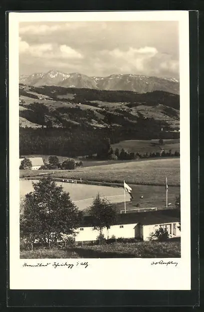 Scheidegg / Allgäu, Ansichtskarte, Blick über das Strandbad auf die Berge