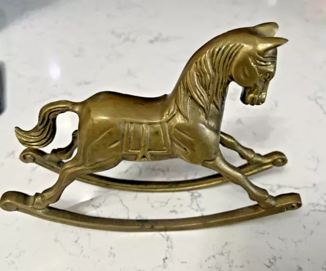 Vintage Solid Brass Antique Rocking Horse Gold Lustre Toy Old Race Racing Riding