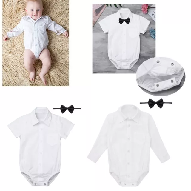 Baby Boys Formal Gentleman Shirt Romper Cotton Jumpsuit Bow Tie Outfit Set 3-24M