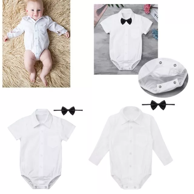 Baby Boys Formal White Shirt Romper Jumpsuit Bodysuit Bow Tie Sunsuit Outfit Set