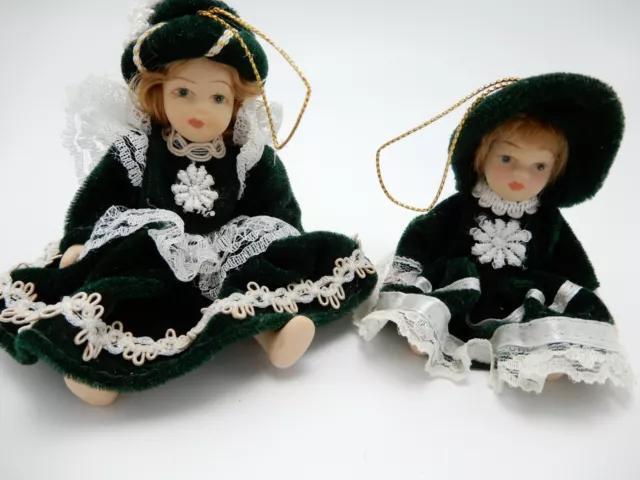 Vintage Miniature Porcelain Bisque Holiday Fashion Doll Ornament Pair Green