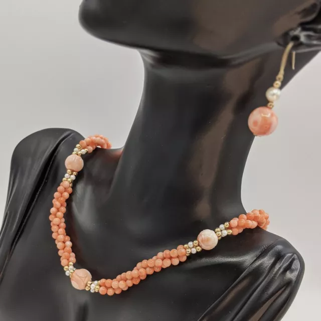 Salmon Angel Skin Coral Carved Beads 14K Gold Pearl 3-Strand Necklace & Earrings