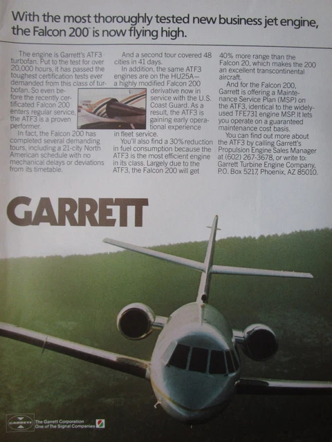 11/1982 PUB GARRETT Atf3 Turbofan Engine Dassault Falcon 200 Original ...