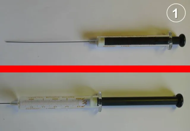 gasdichte Spritze, gastight syringe, 5 ml, Hamilton, #1005, cemented needle 22ga