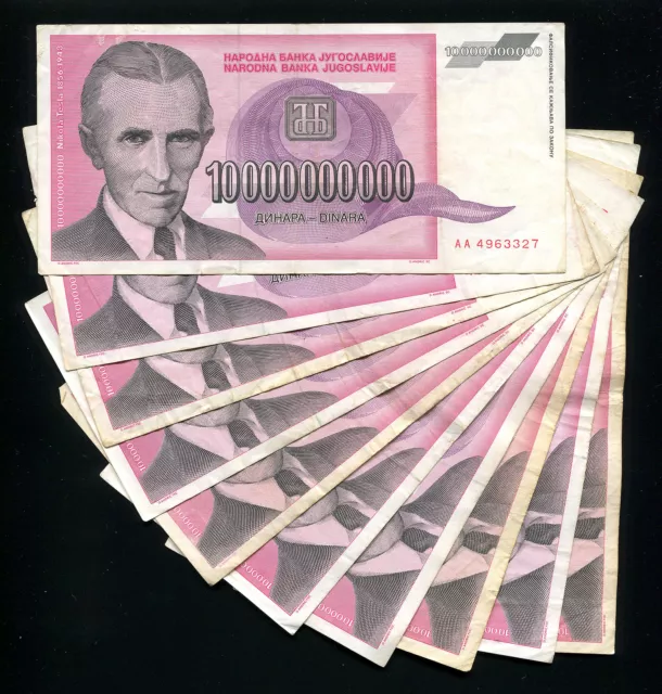YUGOSLAVIA LOT 10 Banknotes - 10 Billion Dinara 1993 Hyperinflation P-127 TESLA