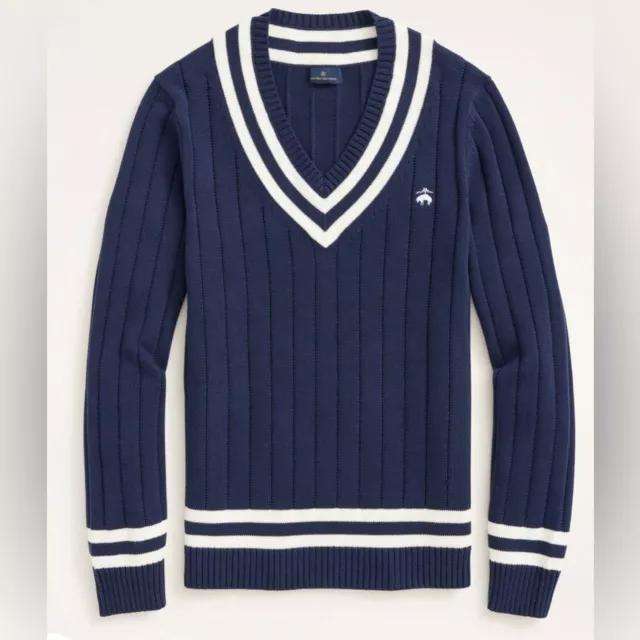 Brooks Brothers Sweater M Royal Blue White Trim Knit Cotton