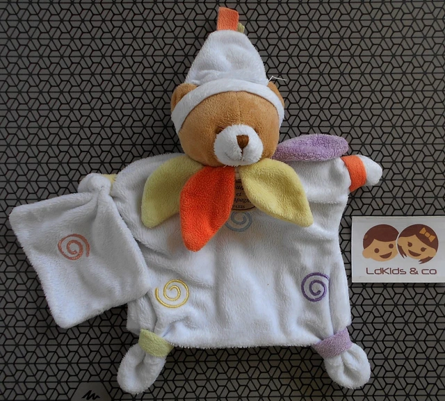 DOUDOU et COMPAGNIE OURS MARIONNETTE MOUCHOIR BLANC PETALES SPIRALES 25 cm D1239