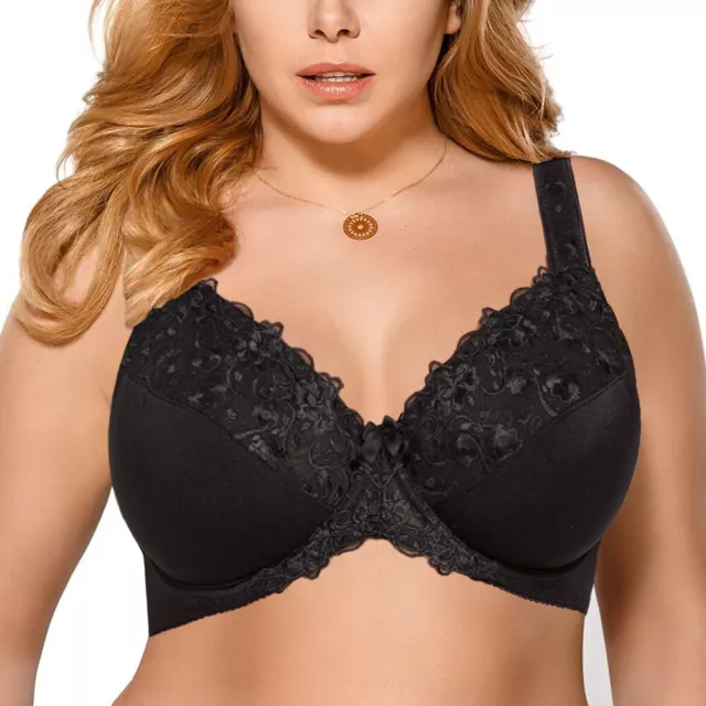 Women's Minimizer Embroidery Lace Plus Size Unlined Bra Underwire Full Coverage