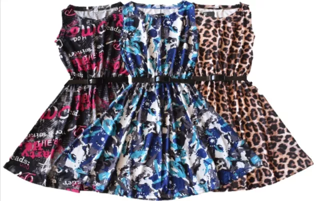 Girls Party Floral Kids Leopard Skater Dress  Belted Printed Top Vest Dresses