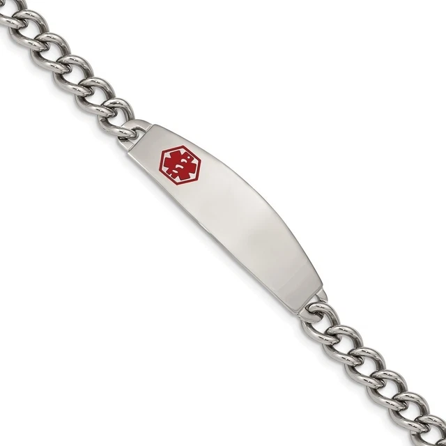 Mens Stainless Steel Red Enamel Medical I.D. 8.5 Inch Bracelet