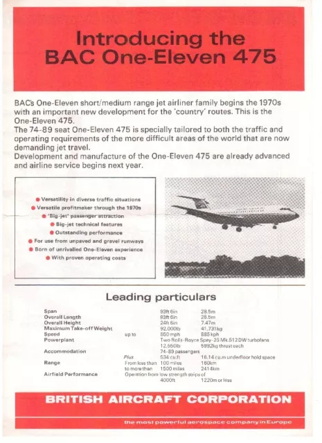 Bac 1-11 475 Manufactures Sales Brochure With Cutaway 1970
