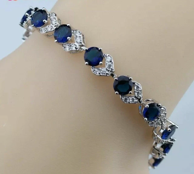 7 Ct Round Sapphire & Cubic Zirconia 7" Tennis Bracelet White Gold Plated
