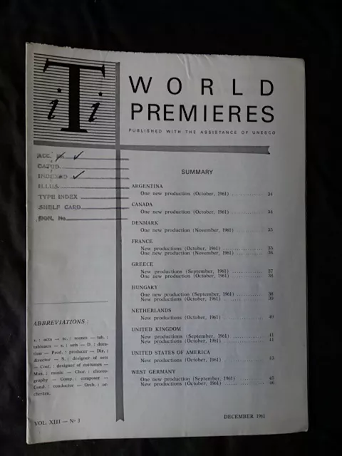 International Theatre Institute World Premier - Dec 1961 Vol 13 #3