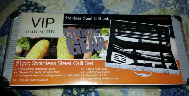 VIP GRILL MASTER 21 PCS STAINLESS STEEL BBQ GRILL SET COOKOUT GEAR Endometriosis
