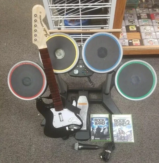 XBOX 360 ROCK Band WIRELESS Bundle W Drums set Fender Guitar Mic 2