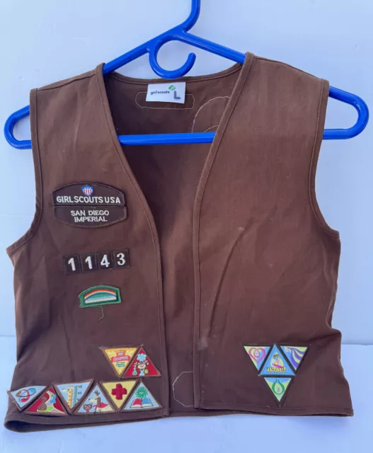 Girl Scouts USA San Diego Imperial Brown Vest with Lots of Patches Size Large