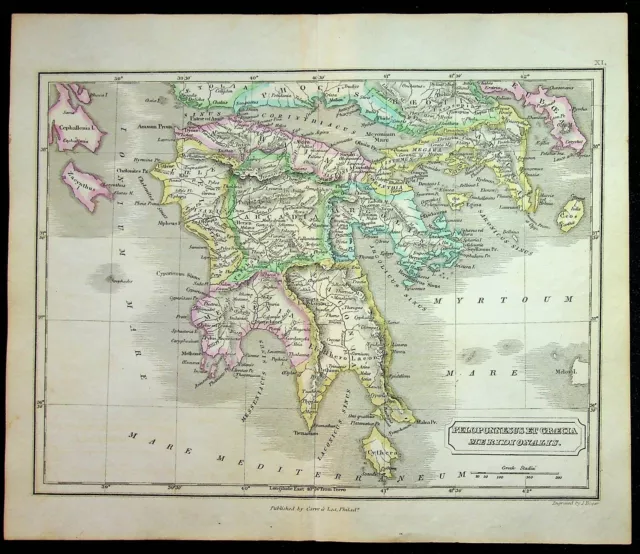 Samuel Butler Ancient Geography Map Peloponnese Southern Greece 1832 Colored