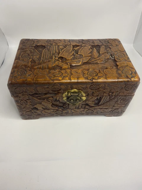 Hand Carved 1930s Solid Camphor Chest Heavily Carved Tea Box Uniquely Beautiful