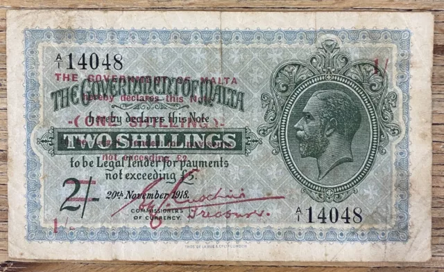 1939 MALTA BANKNOTE #21 1 SHILLING OVERPRINT E. CUSCHIERI TREASURER No Watermark