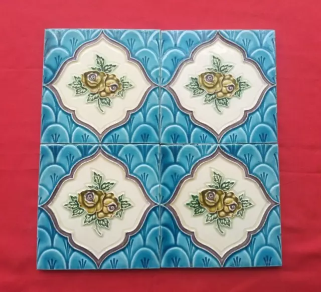 4 Piece Old Art Deco Floral Embossed Design Majolica Ceramic Tiles Japan 0128