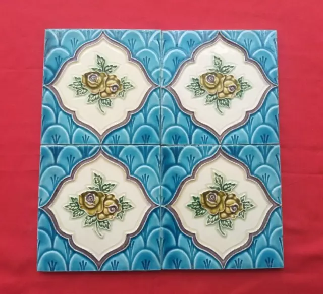 4 Piece Old Art Floral Embossed Design Majolica Ceramic Tiles Japan 0128