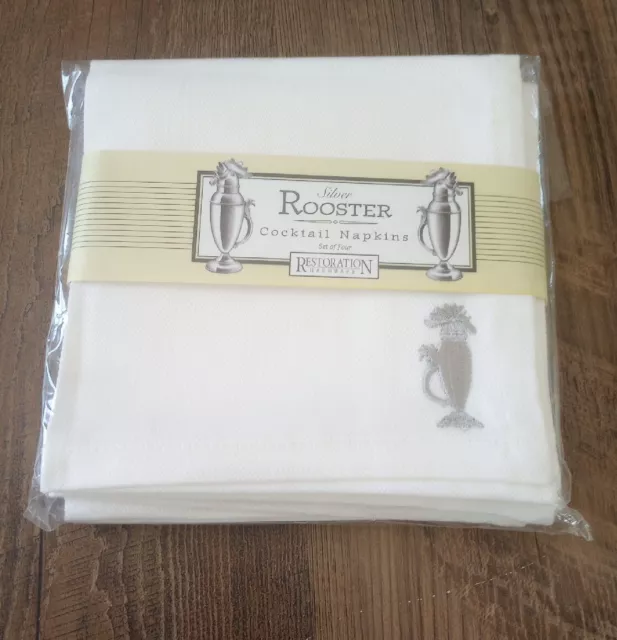 Restoration Hardware Silver Rooster Set Of 4 Cotton Cocktail Napkins NEW