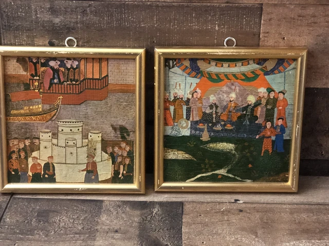 A pair of Antique Framed Miniatures Tiles Indo-Persian of Oriental Court Scenes