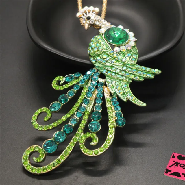 New Betsey Johnson Green Bling Peacock Animal Crystal Pendant Women Necklace
