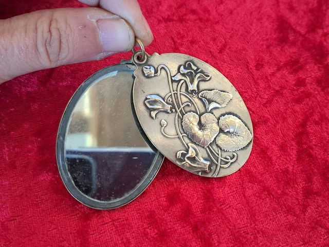 Grand Pendentif Porte-photo/miroir Ancien Des Années 1930/40 - Métal Argenté, Ouvrant, Bon état