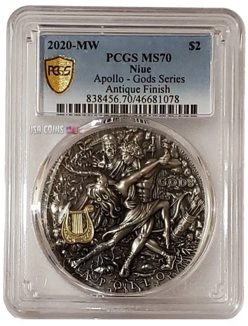2020 2 Oz Silver $2 Niue Gods APOLLO GOD OF THE SUN PCGS MS70 Gold Shield Coin.