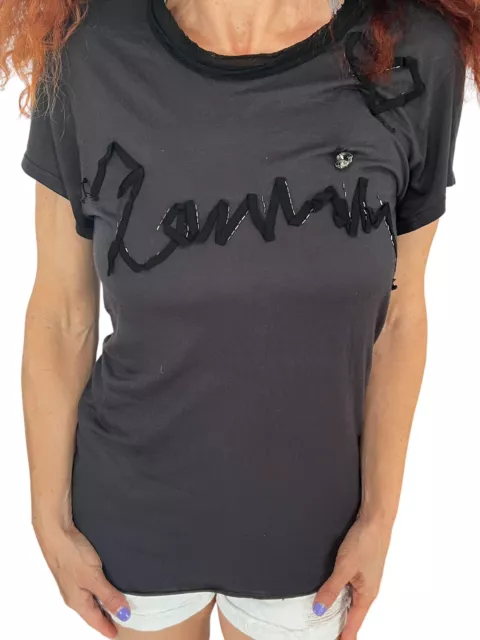 Lanvin Black Logo Grosgrain Ribbon Beaded   Monogram Black Tee T Shirt Top S 3