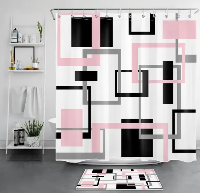 Creative Pink Geometric Black and White Shower Curtain Set for Bathroom Decor