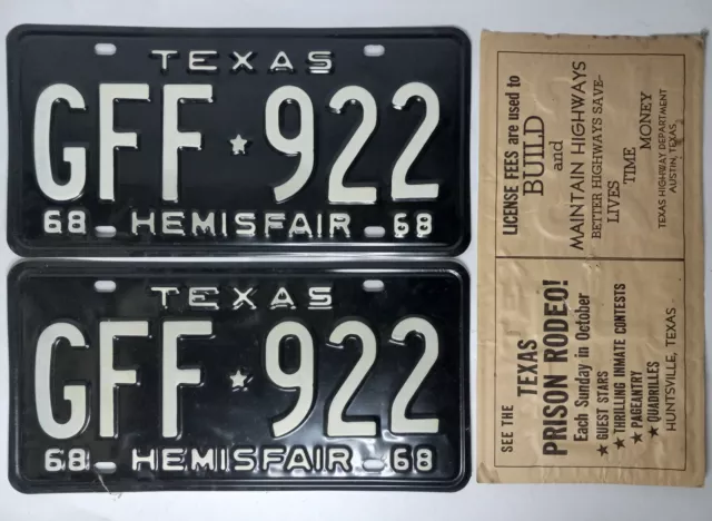 1968 Texas Hemisfair GFF-922 License Plate Pair Unused NOS Chevy Ford Dodge Olds