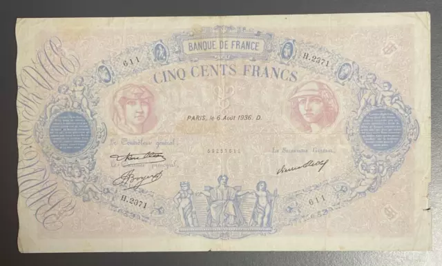 Beau billet de 500 Francs Bleu et Rose type 1888. 06/08/1936. TB/TB+