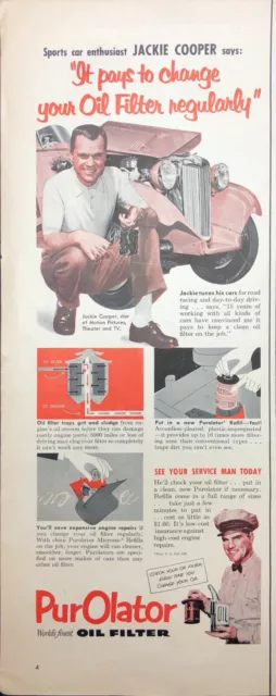 Vintage 1953 Purolator OIl Filters Jackie Cooper Movie Star Print Ad Art