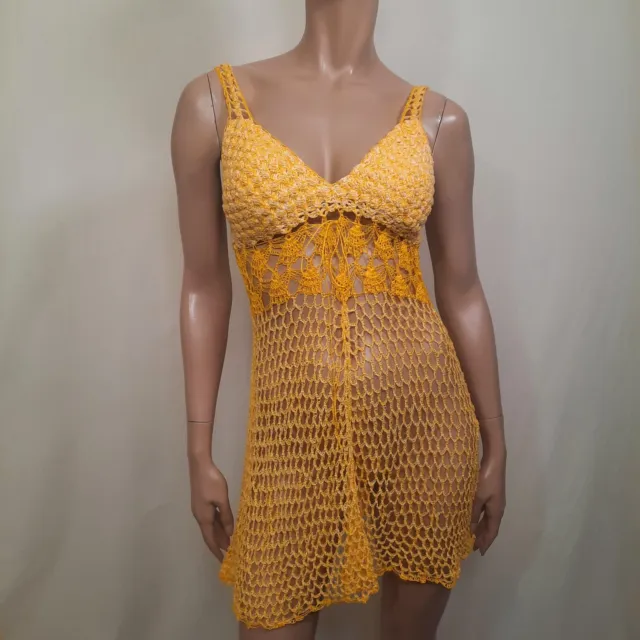 Vintage Yellow Crochet Mini Dress S Boho Festival Beach Cover Up Sleeveless