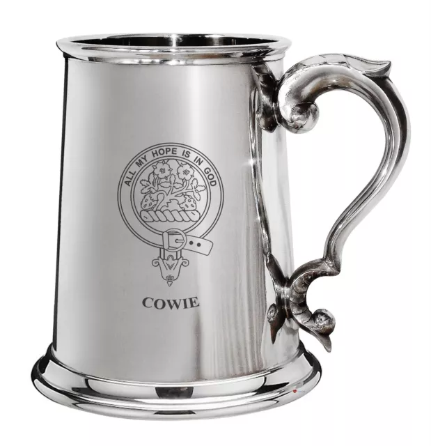 Cowie Family Crest Polished Pewter 1 Pint Tankard with Scroll handle