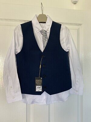 BNWT Next Boys Childs Navy Suit Waistcoat Shirt Tie Age 8 Years New