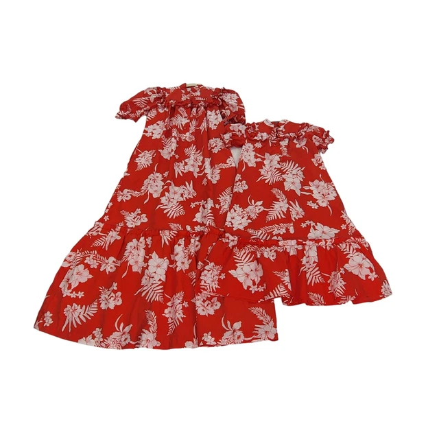 Vintage Dresses Mommy & Me Made In Hawaii Hibiscus Floral Polyester Red Wht READ