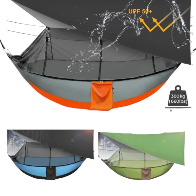 Double Hammock 3 Colors Load 660lbs with Rain Fly and Bug Net, Portable