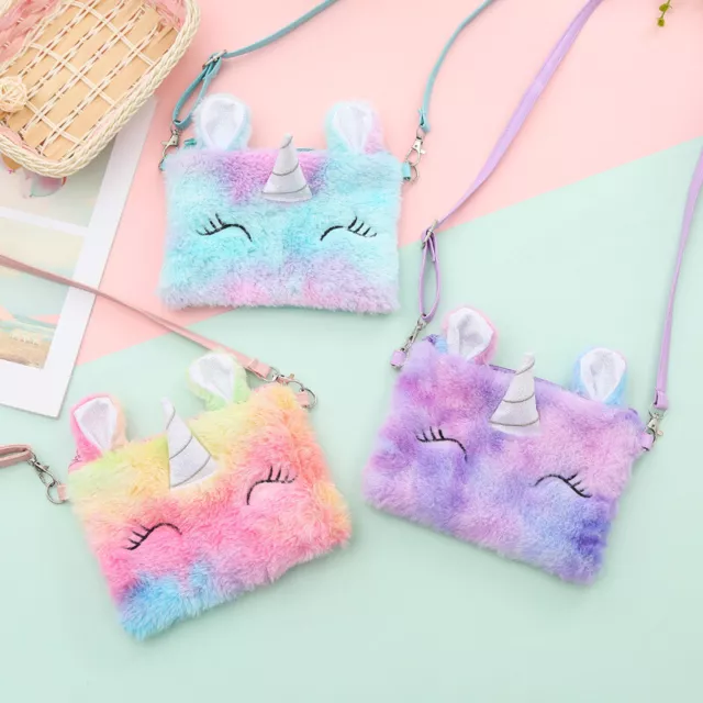 Kids Girls Rainbow Unicorn Plush Shoulder Bag Wallet Handbag Crossbody Purse AA
