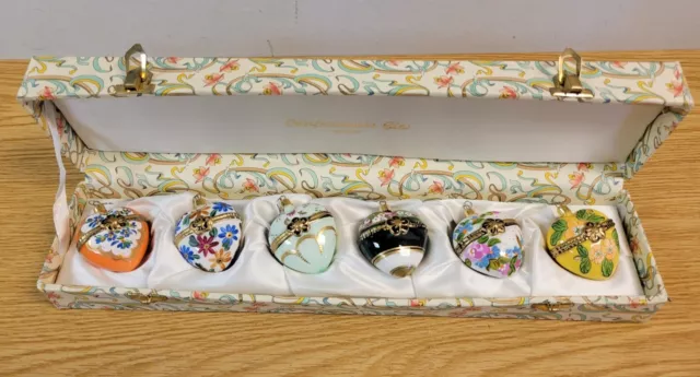Vintage Hand Painted Oberfrankische Glass Heart Ornaments Made in Germany w Case