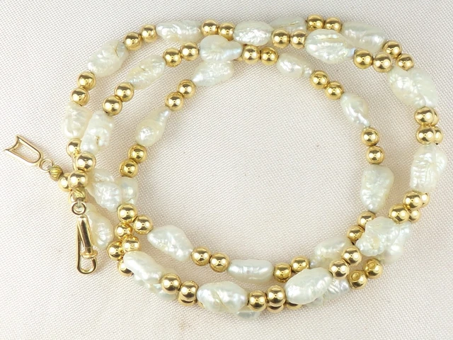14k Yellow Gold .585 White Baroque Pearl Fine Beaded Strand Necklace-17"