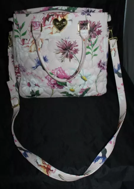 Luv BETSEY JOHNSON Purse Large Satchel - Pink Floral Quilted Heart Crossbody