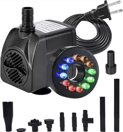 15W 1000L/H Submersible Fountain Water Pump with 12 Colorful LED Lights,