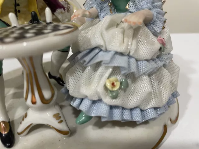 Frankenthal Dresden,Lace, Porcelain Couple Playing Chess Figurine Germany READ. 3