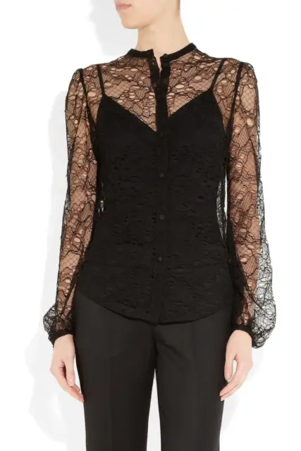 ALEXANDER MCQUEEN black sheer rose floral lace balloon sleeve blouse top 42 10